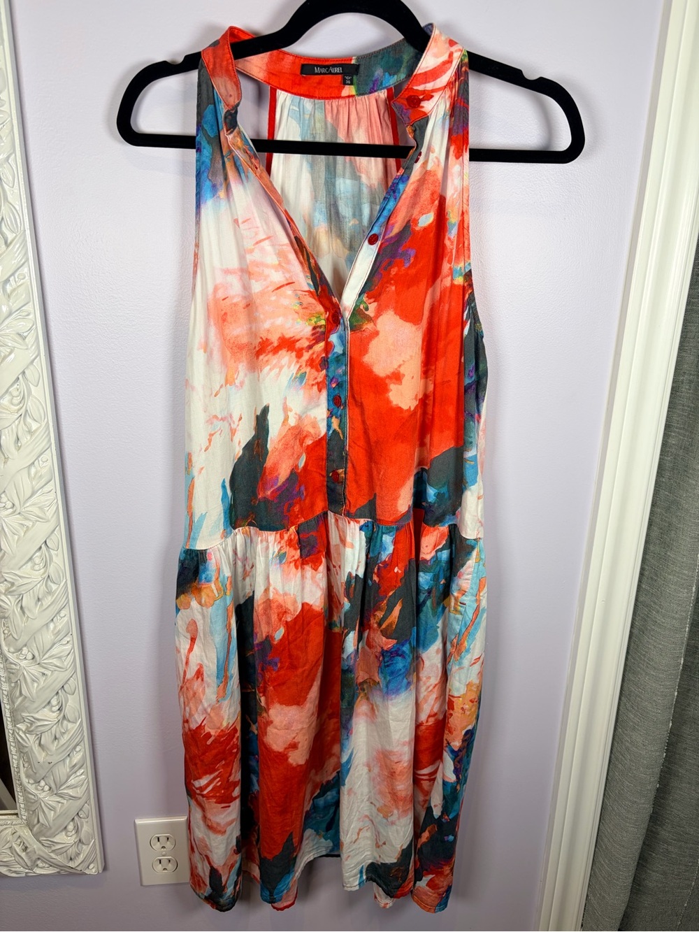 Marc Aurel Sleeveless Abstract Coral Red & Blue Button-Front Midi Dress 36